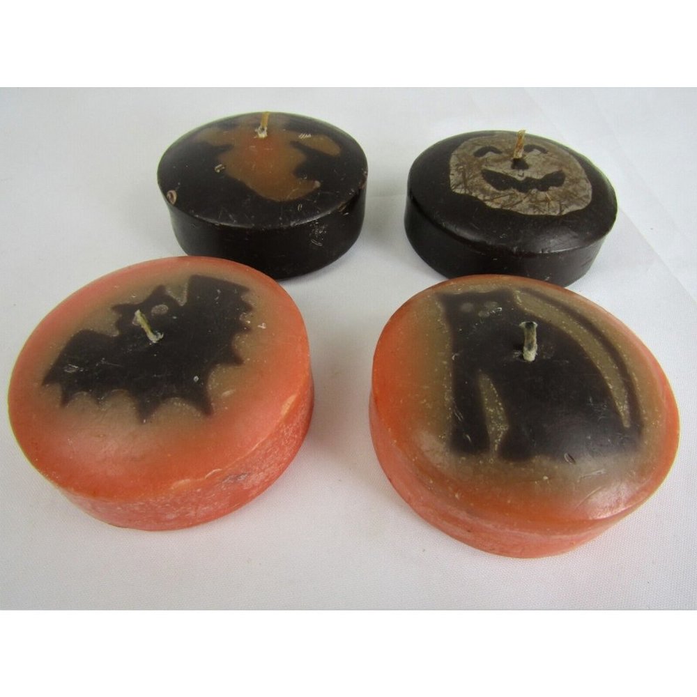 Halloween Floating Wax Candles Low Profile Jack-o-lantern Cat Bat Ghost Set of 4